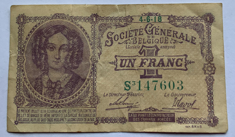 1918 WWI German Occupation Belgium One Franc banknote